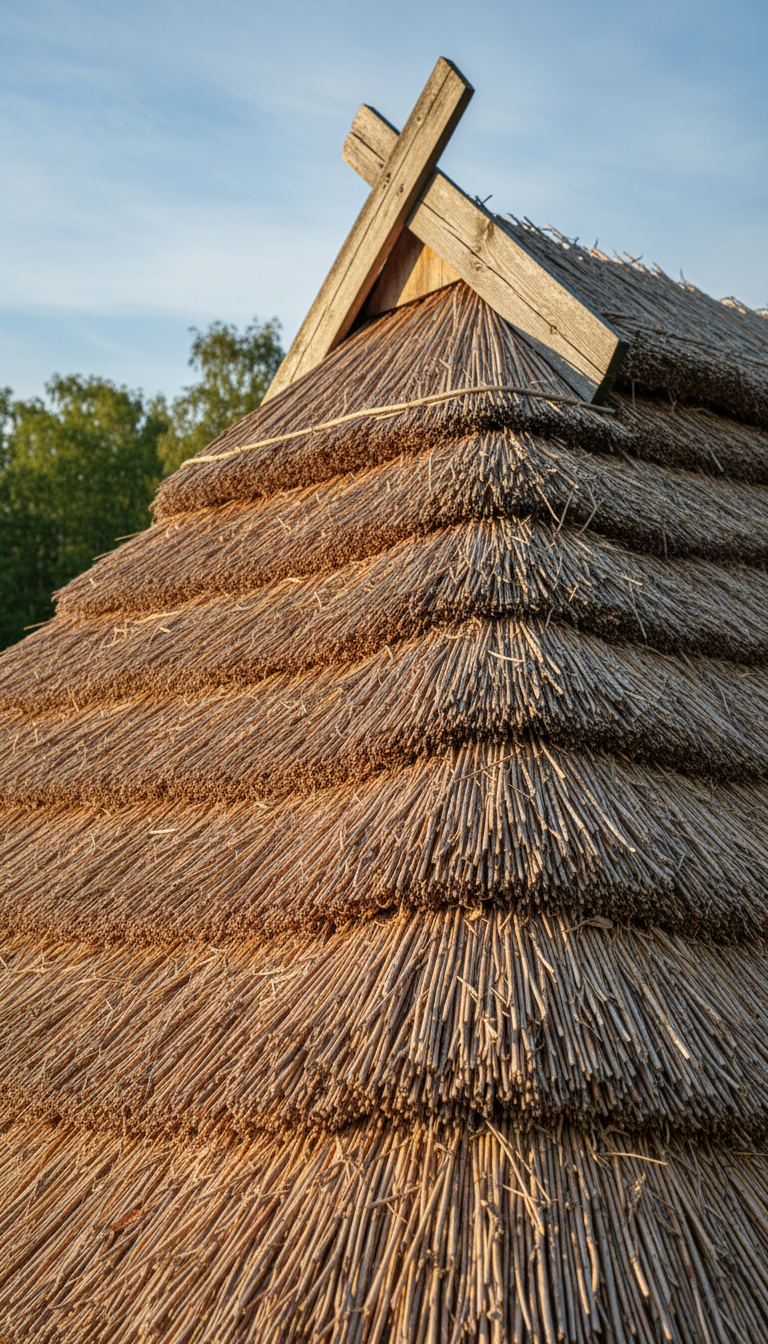 A close-up detail of a traditional Scandinavian thatched roof, each vass stem tightly interwoven, revealing intricate layers and the tactile quality of the natural fibers. The roof peaks gently upward, framed by weathered wooden beams at the edges, with a hint of blue sky and leafy trees visible in the soft-focus background. Early morning light highlights the subtle variations in color and texture, adding gentle warmth and casting fine shadows between the stalks. Composed with a slight upward angle to emphasize craftsmanship and durability, this image has a clean, modern yet rustic style, conveying a sense of reliability and timelessness fitting a family-owned business.