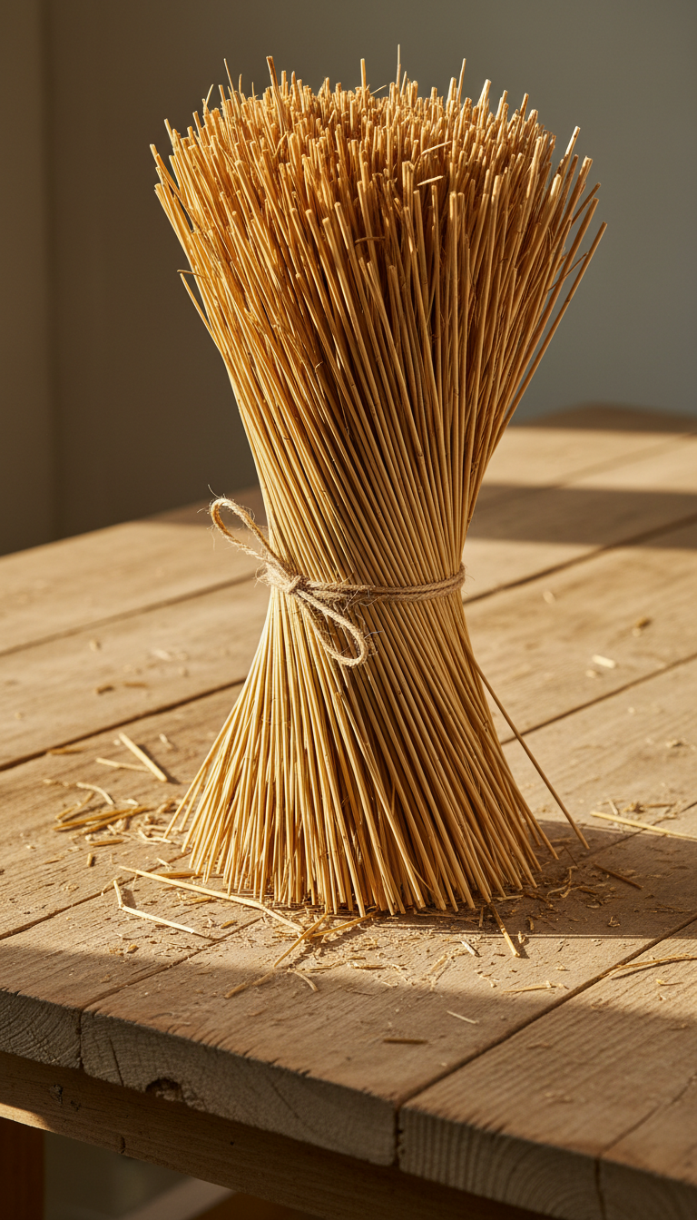 A meticulously bundled sheaf of golden thatch reeds, each stem dried and gleaming with natural texture, fanned slightly to showcase their smooth, fibrous surfaces and subtle color gradients from wheat-gold to pale ochre. The bundle lies atop a rustic, sanded wooden table, with a faint speckling of straw clippings around its base. Soft afternoon sunlight pours in from the side, illuminating natural highlights along the reeds and casting delicate shadows, giving a gentle, inviting mood. Shot from an eye-level perspective with a centered, clean composition, in a sharp, realistic style that emphasizes a sense of trustworthy craftsmanship and rural authenticity, perfectly aligning with a straightforward business site for traditional roof thatching materials.